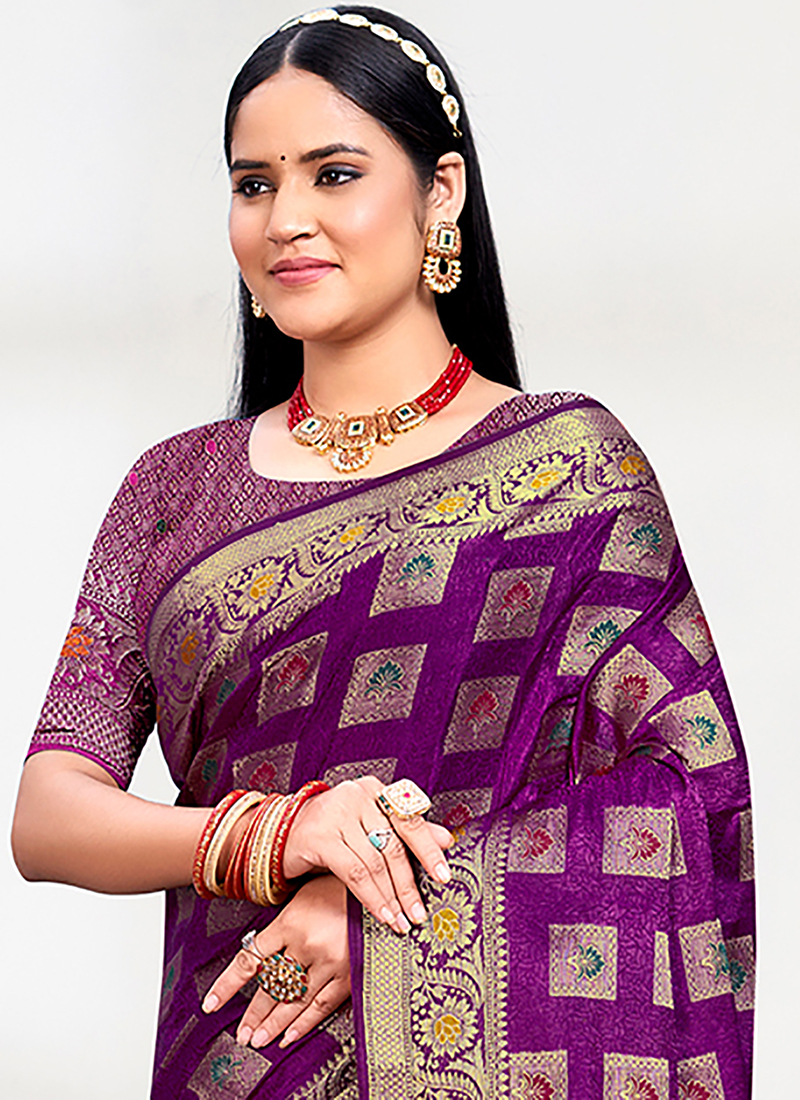 Lilac Purple Pure Satin Zari Weaving Wedding Festive Saree main image 1